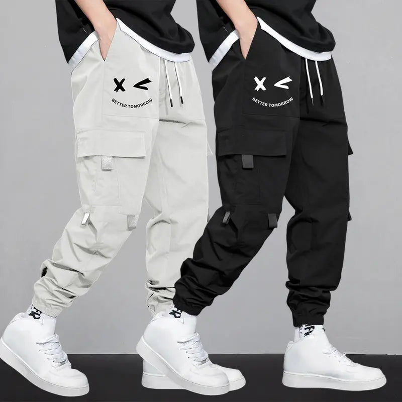 Men's Cartoon Face & Letter Print Drawstring Waist Cargo Pants, Casual Regular Fit Utility Jogger Bottoms, Men's Trousers for All Seasons, Pants for Men, Mens Pants, Pants for Men Menswear Grey