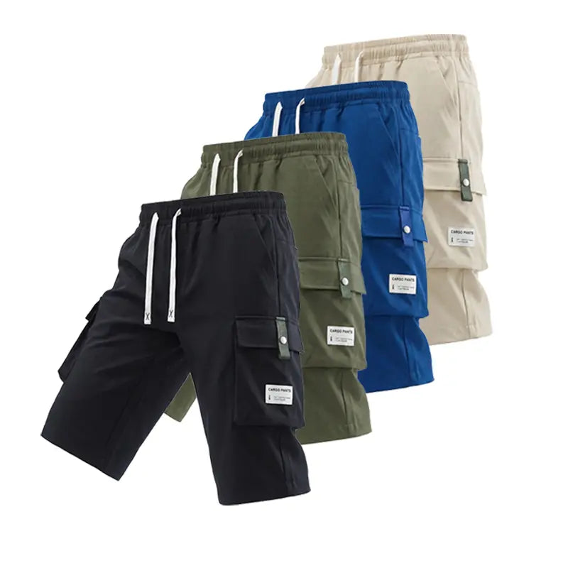 Men's Regular Woven Non-Stretch Fabric Cargo Shorts 5-Pack - 7/8 Knee Length, Mid-Waist, Loose Baggy Style, Elastic Drawstring Waist, Large Pockets, Letter Patch Design, Summer Casual Athletic Bottoms