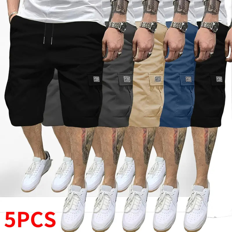 Men’s 5-Piece Extra Baggy Cargo Shorts Set - Men's Bottoms Activewear, Adjustable Drawstring Mid-Waist, Casual Chic Woven, Multi-Pocket, 4-Way Stretch, Cold Wash, Straight Cut, Summer Loose Jorts, Ideal for Camping, Father's Day Gifts, Extra Baggy Men's S