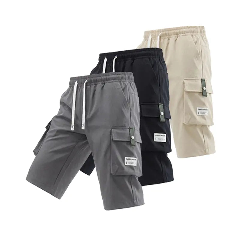 Men's Regular Woven Non-Stretch Fabric Cargo Shorts 5-Pack - 7/8 Knee Length, Mid-Waist, Loose Baggy Style, Elastic Drawstring Waist, Large Pockets, Letter Patch Design, Summer Casual Athletic Bottoms