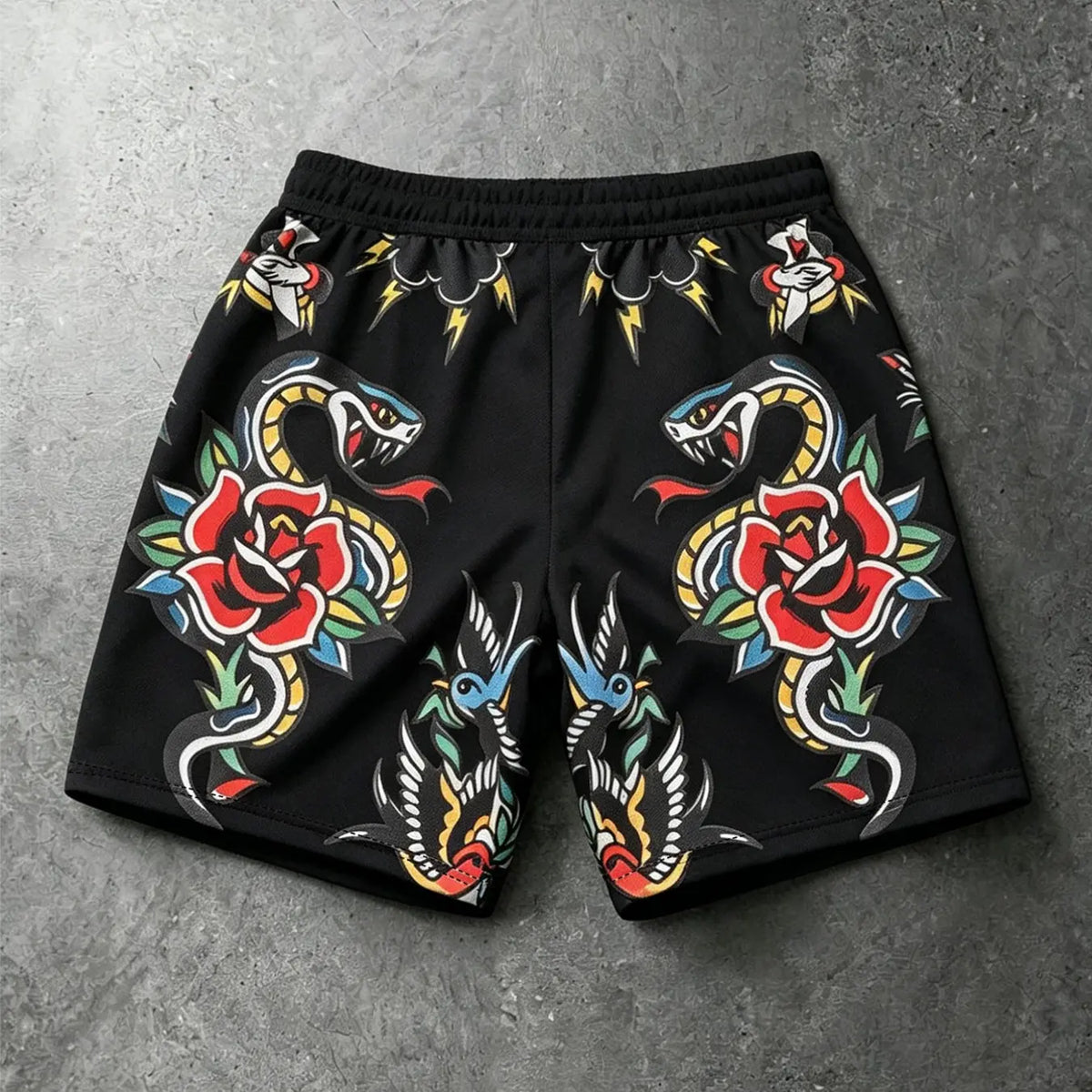 Men's Old School Tattoo Graphic Printed Mesh Shorts, Fashionable Summer Shorts, Rivet Trim Drawstring Streetwear Shorts, Breathable Lightweight Sports Shorts, Lightweight Casual Shorts