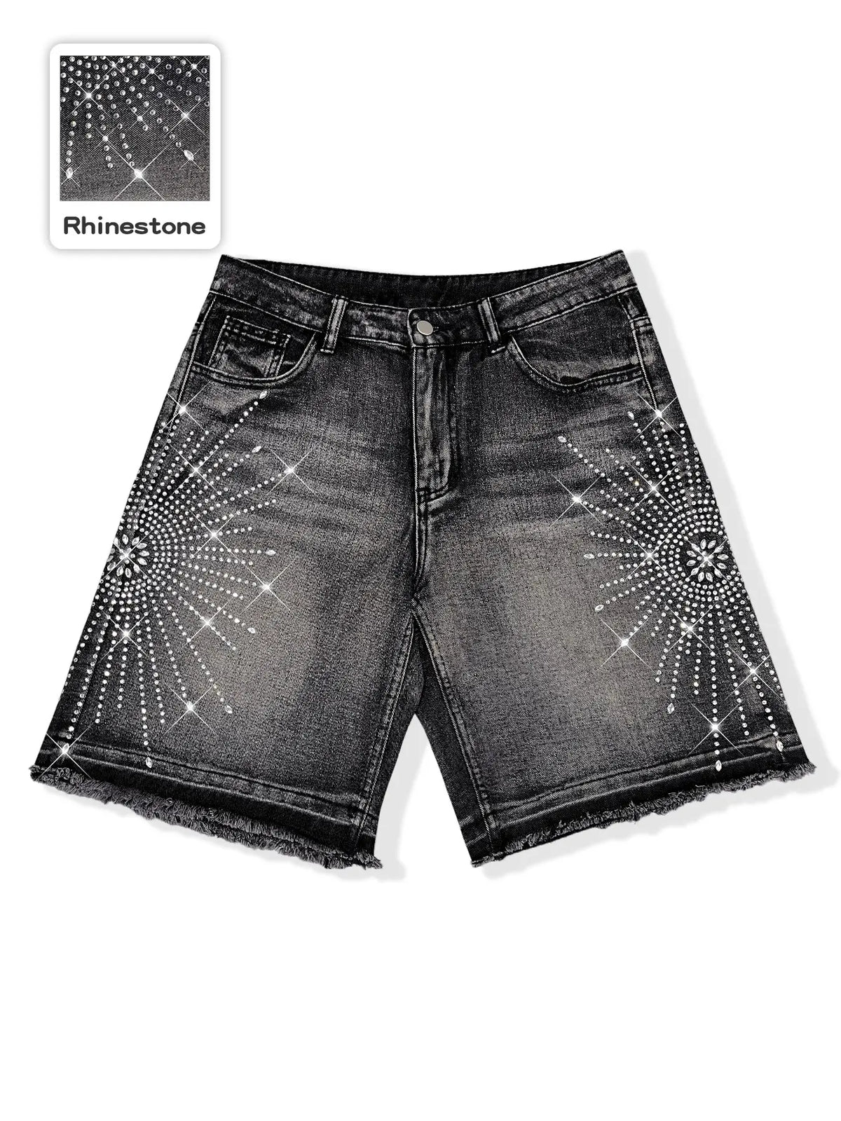 Diamond-studded casual jeans, black fully-studded cross-shaped casual baggy denim shorts, American street style, avant-garde casual denim cropped pants, fashion trends, suitable for men with taste, Loose, Menswear