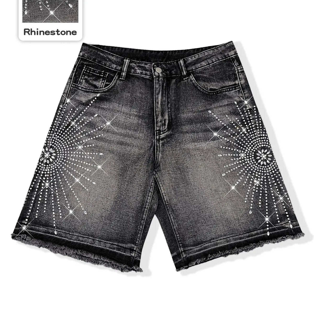 Diamond-studded casual jeans, black fully-studded cross-shaped casual baggy denim shorts, American street style, avant-garde casual denim cropped pants, fashion trends, suitable for men with taste, Loose, Menswear