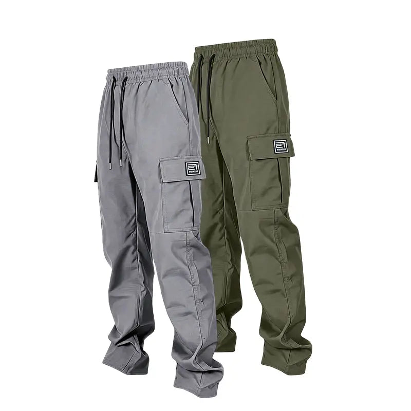 Men’s solid color tactical cargo pants — durable outdoor training pants with sport pockets; suitable for all seasons; casual streetwear pants.