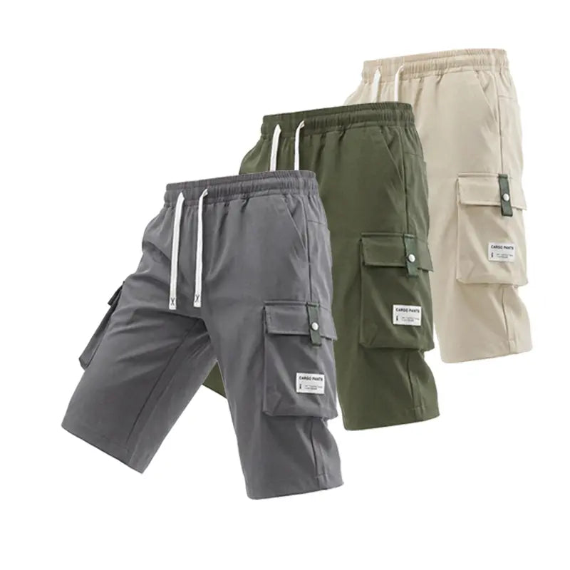 Men's Regular Woven Non-Stretch Fabric Cargo Shorts 5-Pack - 7/8 Knee Length, Mid-Waist, Loose Baggy Style, Elastic Drawstring Waist, Large Pockets, Letter Patch Design, Summer Casual Athletic Bottoms