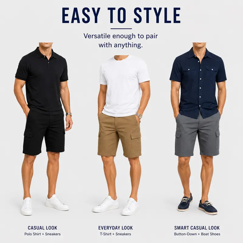 Mens 3-Pack Super Stretch Cargo Shorts with Button Closure and Zipper Pockets (Sizes: 30-42)