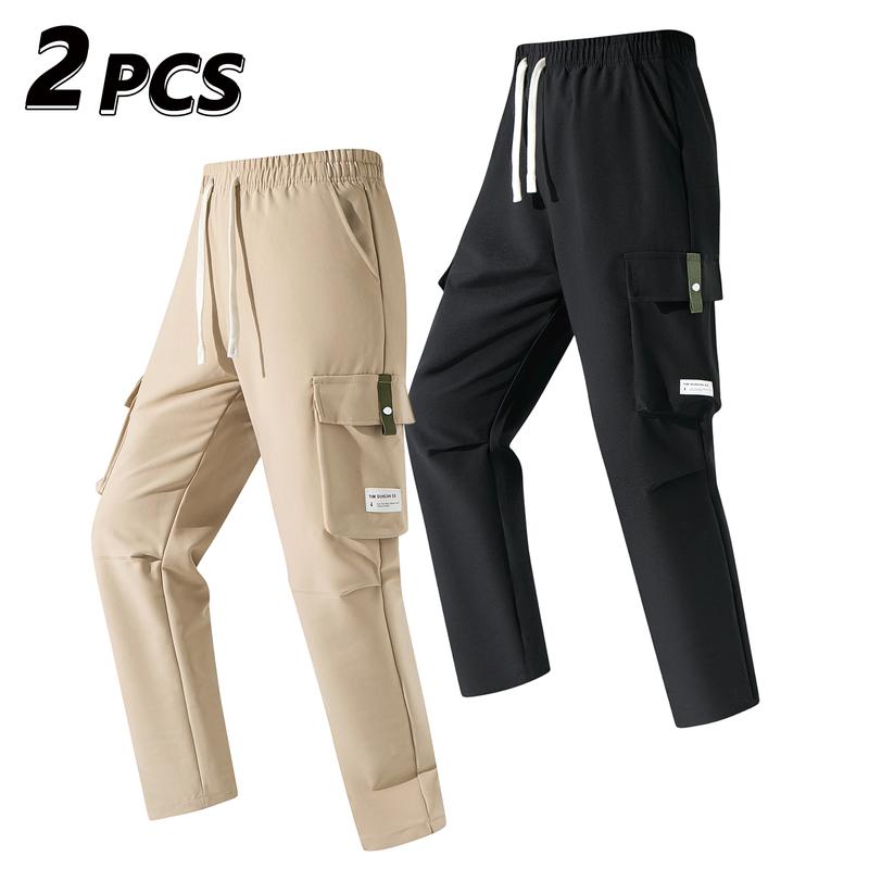 Men’s Cargo Pants - Menswear, Plain Basic Minimalist Polyester, Drawstring Elastic Waistband, Multiple Pockets, Versatile for Spring Autumn Everyday Casual Back-to-School Wear