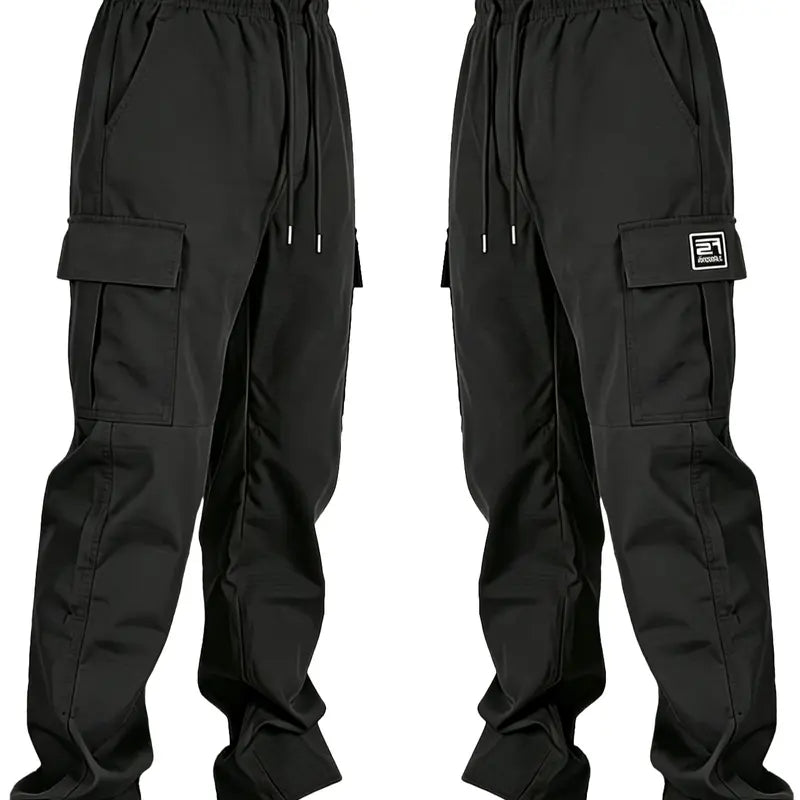 Men’s solid color tactical cargo pants — durable outdoor training pants with sport pockets; suitable for all seasons; casual streetwear pants.