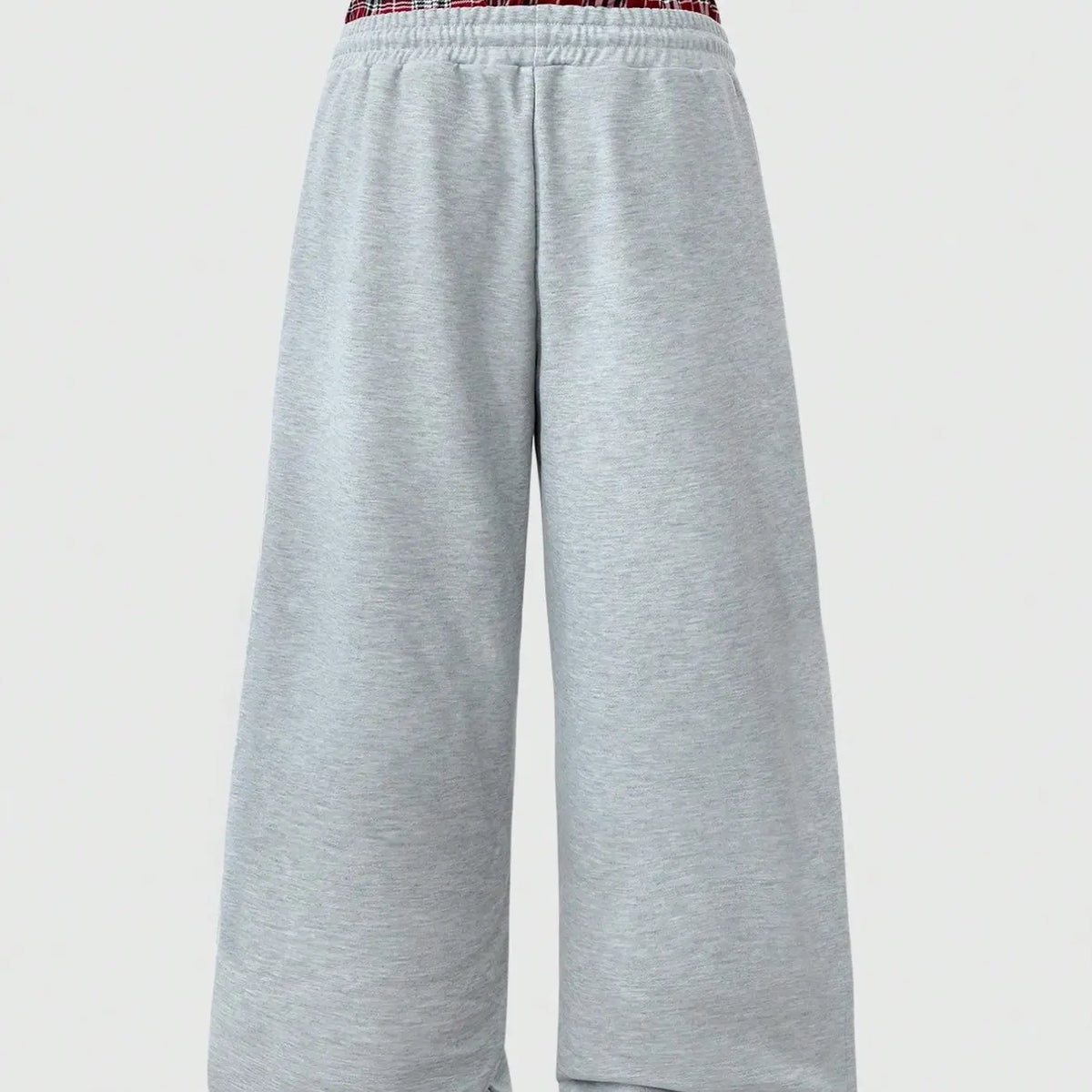 Men's Light Heather Gray Wide Leg Sweatpants, Double Layer Red Plaid Contrast Waistband, White Drawstring Closure, Side Seam Pockets Loose Y2K Streetwear Fashion Casual Trousers, Suitable For Daily Hip Hop Matching Casual Outdoor