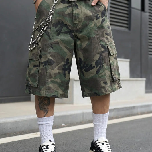 Men's Washed Camo Cargo Shorts, Camouflage Vintage American Streetwear, Loose-Fit Wide-Leg Knee-Length Shorts, Distressed Multi-Pocket, Summer Casual, Camouflage Print Shorts