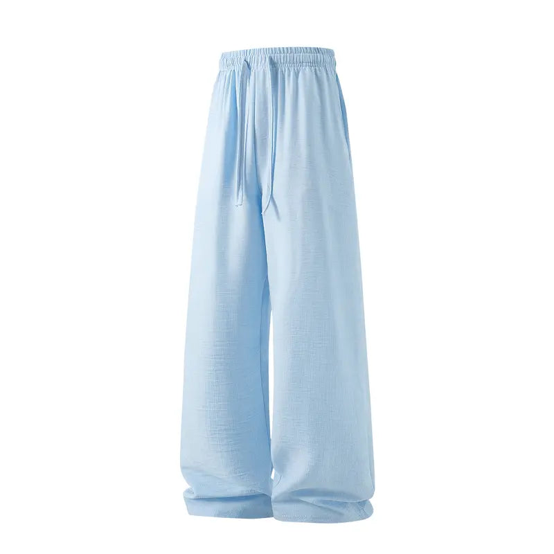 Men’s Retro Summer Lightweight Plain Pants - 100% Polyester, Loose Fit, Drawstring Tie, Breathable, Stylish, Minimalist Design, Belt-Ready for Indoor Gatherings, Outdoor Activities