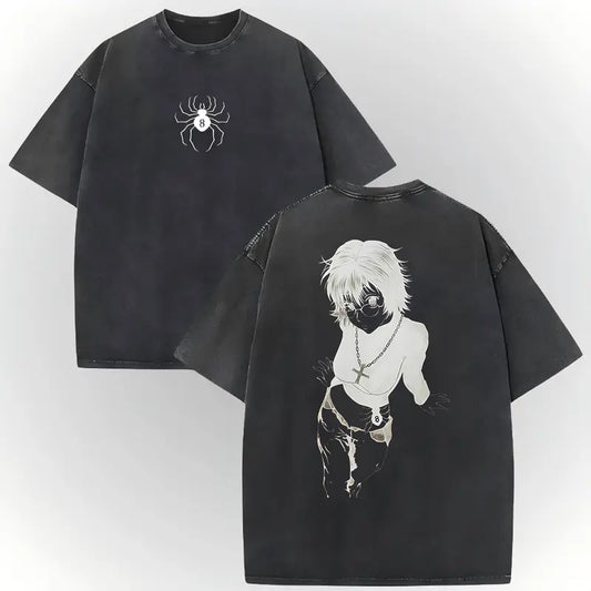 Men's Hunter X Hunter Shizuku Graphic T-Shirt - 100% Heavyweight Cotton, Vintage Washed, Ribbed Elastic Knit, Short-Sleeve, Loose Baggy Fit, Casual Anime Merchandise, Round Neck Graphic Shirt, Size L