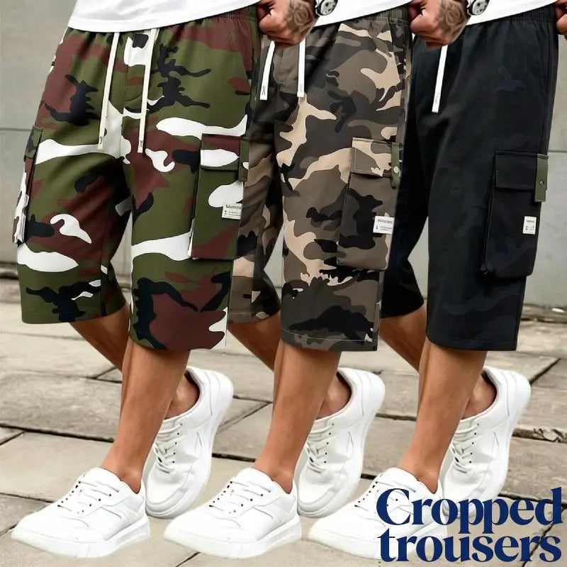Men's 3-piece Camo Cargo seven-quarter trousers Capriers – Multi-Pocket Design, Drawstring Waistband, Casual Streetwear Shorts, Perfect for Everyday Wear & Urban Styling SpringStatements