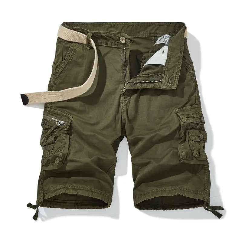 Men's Fashion Mid-Waist Cotton Basic Belted Cargo Shorts - Regular Fit, Multifunctional Pockets, Straight Design, Outdoor Ready, for Casual Wear