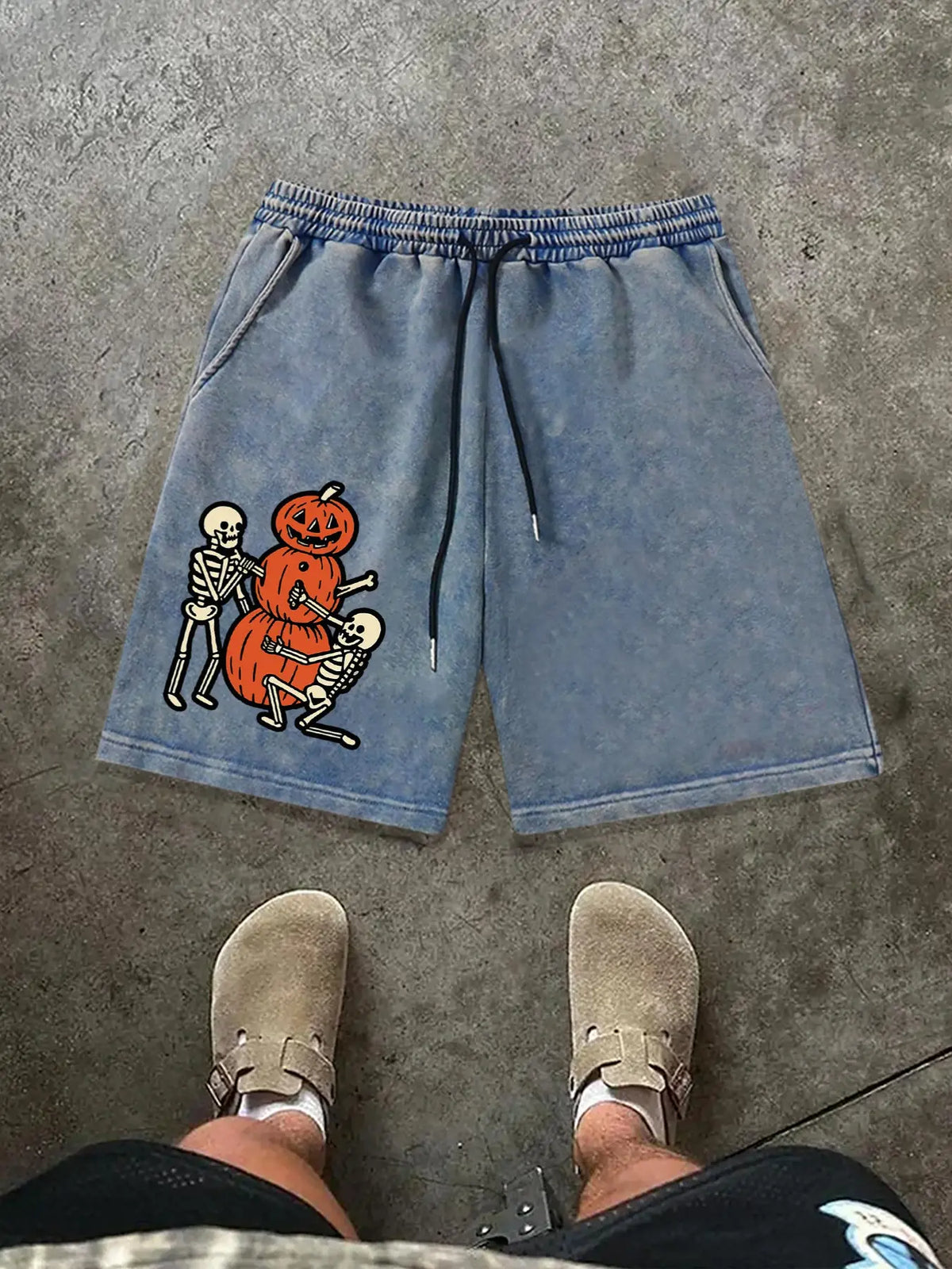 Men's Summer Halloween Pumpkin Skull Print Graphic Shorts, Casual Fitted Cotton Short Pants with Drawstring Waistband, Perfect Gift for Boyfriend