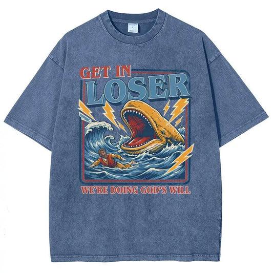 Men's Unisex Cotton Round Neck Oversized Washed T-Shirt - Jesus Christian Streetwear, Jonah and the Whale Graphic, "Get In Loser We're Doing God's Will" Verse, Faith Humor Fabric Style Religious Gift