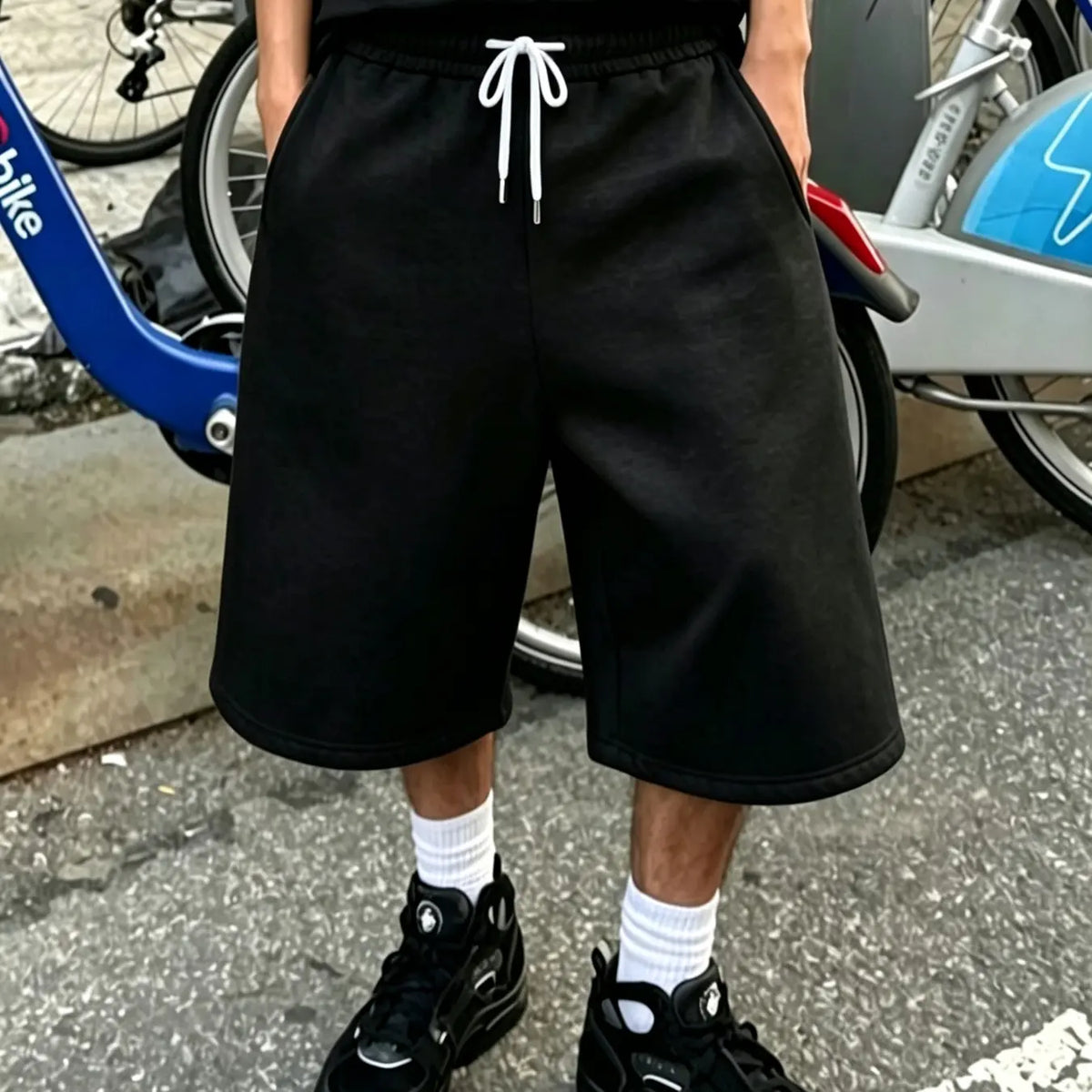 Solid Color Plain Casual Baggy Three-Quarter Pants, Comfortable Stretch Fabric, Streetwear Style, Unisex, Five Sizes Available, Man