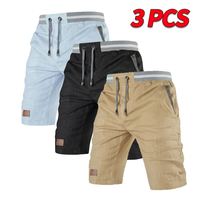 Men’s Classic Relaxed High Waist Quick-Dry Bermuda Shorts 3-Pack - Soft, Breathable, Wear-Resistant Fabric, Adjustable Elastic Waistband with Drawstring, Striped Pockets, Leather Patch, Contrast Binding, Fashion Menswear Basics for Outdoors, Commuting