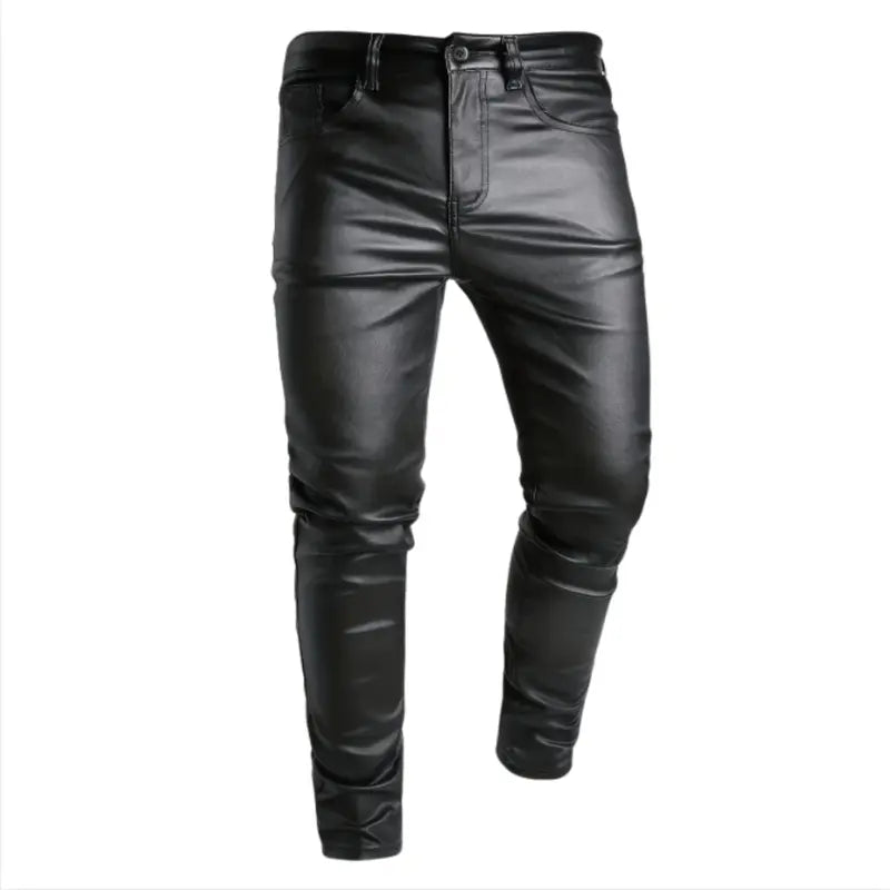 Men’s high-street black leather pants — slim fit, slimming, casual long trousers with a cool street-bad boy look