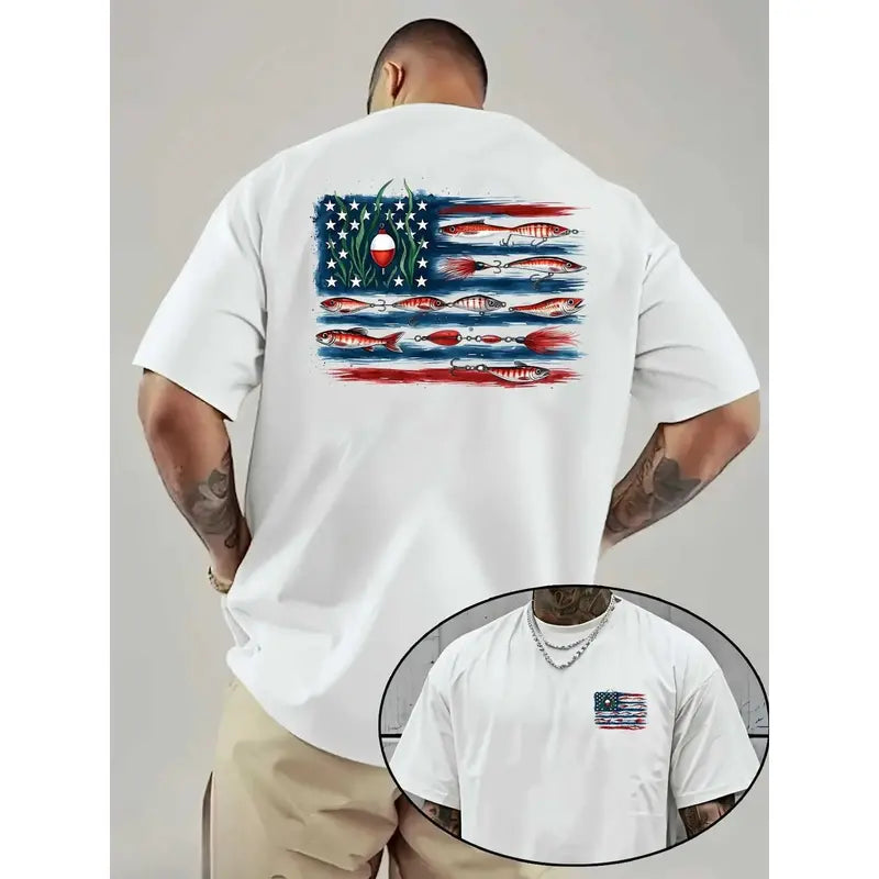 American Flag And Fish Print Short-Sleeve T-Shirt. The Design Combines The American Flag with Fishing Elements, Making It Suitable for Outdoor Fishing Enthusiasts in Summer. It'S a Great Father'S Day Gift Or a Special Present for Fishing Lovers.