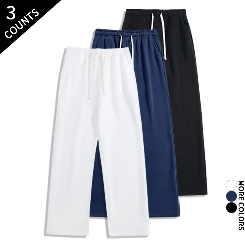Men's 3-Pack Wide-Leg Athleisure Sweatpants - Soft Polyester Stretch Fabric, Drawstring Elastic Waist, Loose-Fit Full Length, Wide-Leg Street Fit for Daily Workout, Outdoors