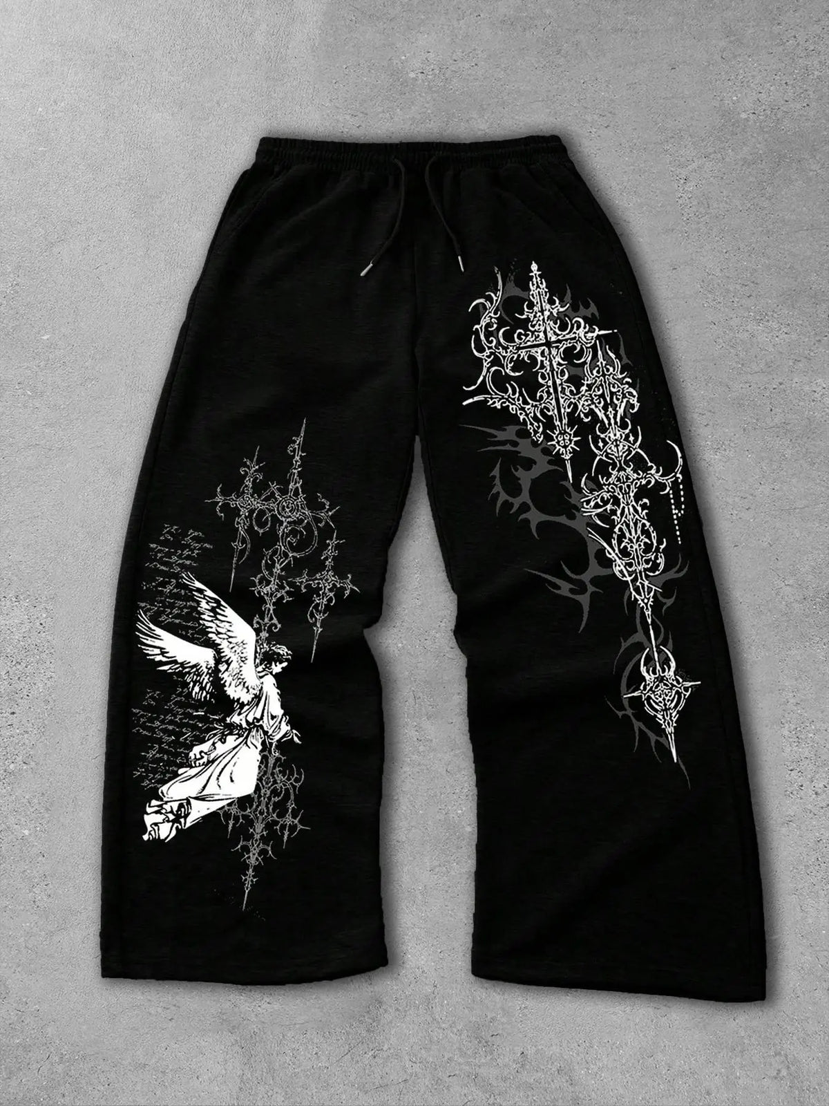 Men's and women's straight-leg Fitted pants featuring Gothic, Graphic Prints and angel motifs, These pants are perfect for streetwear, All Seasons Trousers, and ideal for both campus and everyday wear