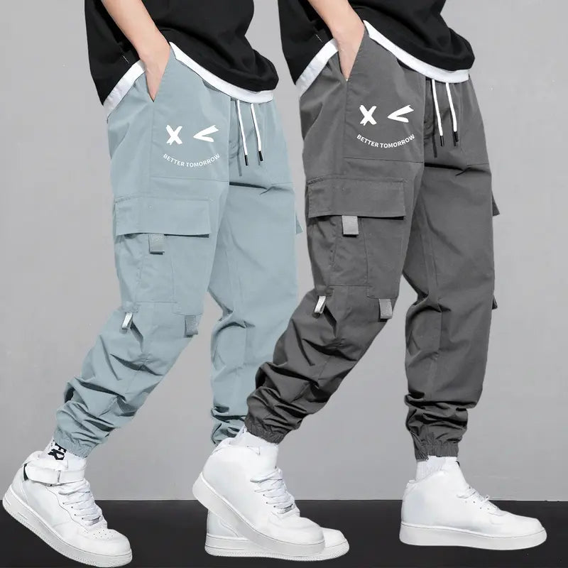 Men's Cartoon Face & Letter Print Drawstring Waist Cargo Pants, Casual Regular Fit Utility Jogger Bottoms, Men's Trousers for All Seasons, Pants for Men, Mens Pants, Pants for Men Menswear Grey