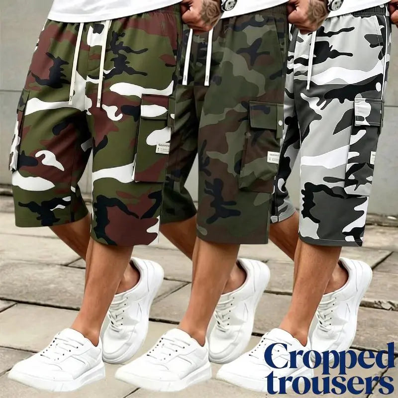 Men's 3-piece Camo Cargo seven-quarter trousers Capriers – Multi-Pocket Design, Drawstring Waistband, Casual Streetwear Shorts, Perfect for Everyday Wear & Urban Styling SpringStatements