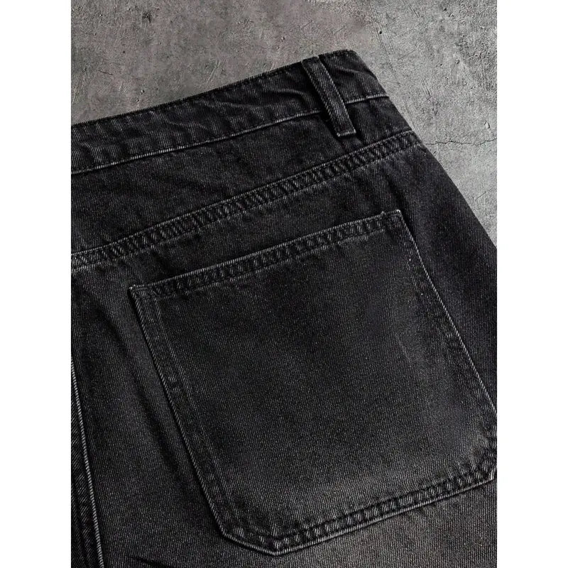 Men's High-Cotton Flame Pattern Rhinestone Accents Denim Shorts - Vintage Black Washed Loose-Fit Menswear Fashion Short-Length Men's Jeans, Y2K Trendy Casual Summer Knee-Length Bottoms