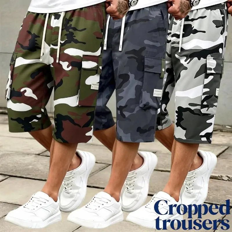 Men's 3-piece Camo Cargo seven-quarter trousers Capriers – Multi-Pocket Design, Drawstring Waistband, Casual Streetwear Shorts, Perfect for Everyday Wear & Urban Styling SpringStatements