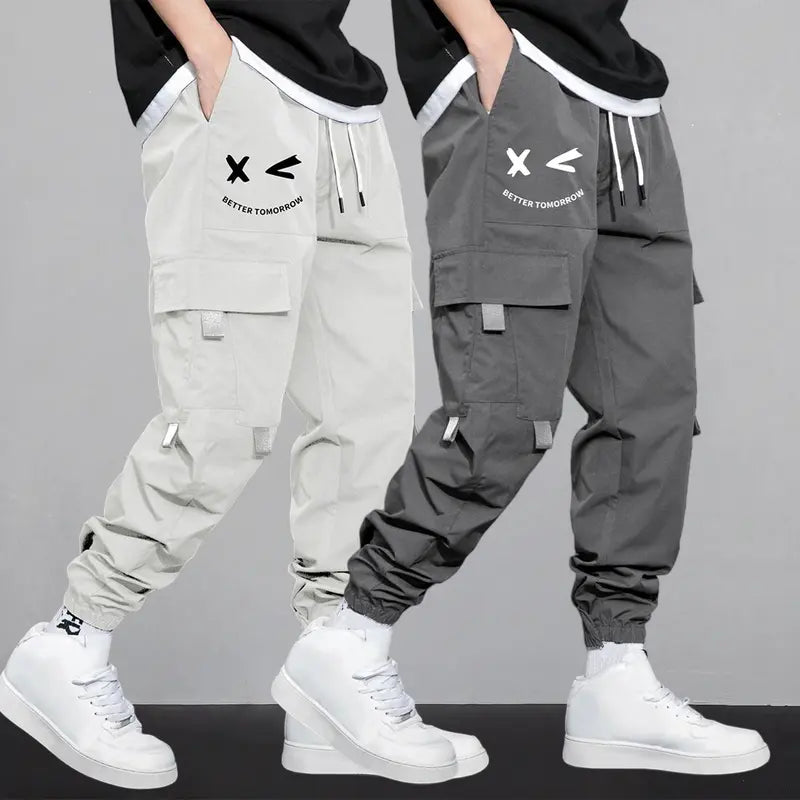 Men's Cartoon Face & Letter Print Drawstring Waist Cargo Pants, Casual Regular Fit Utility Jogger Bottoms, Men's Trousers for All Seasons, Pants for Men, Mens Pants, Pants for Men Menswear Grey