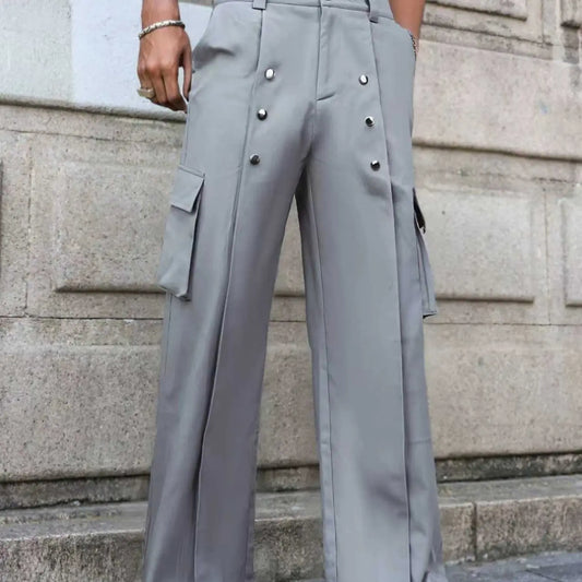 Men's Solid Color Plain Wide Leg Baggy Pants, Trouser, Faux Button Decoration, Loose Fit Comfortable Business Casual Style, Suitable for All Seasons, Pocket
