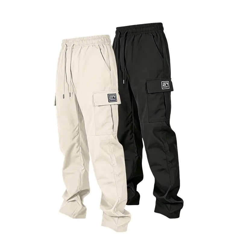 Men’s solid color tactical cargo pants — durable outdoor training pants with sport pockets; suitable for all seasons; casual streetwear pants.