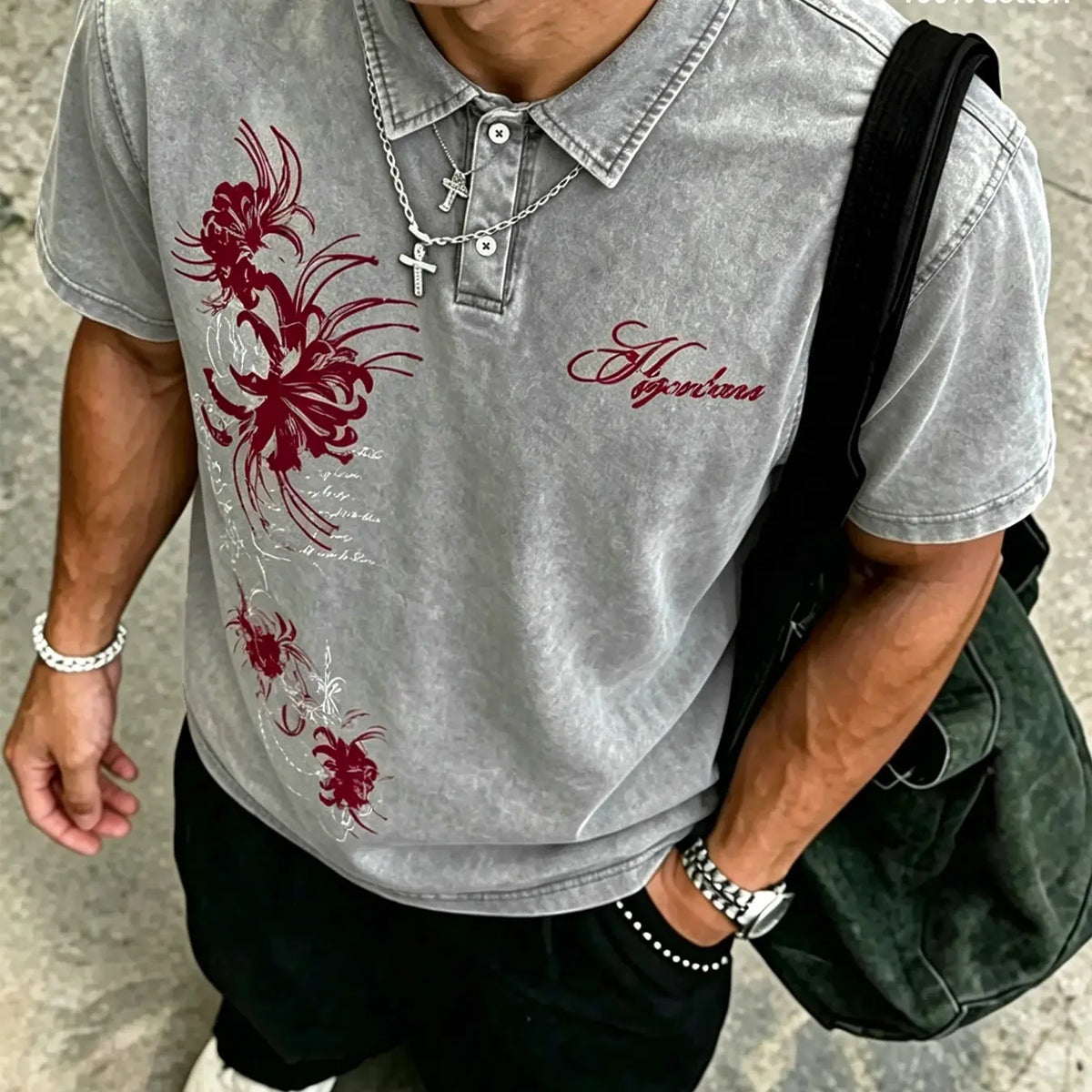 Unisex Dark Gothic Casual 100% Cotton Washed Floral Spider Lily Print Oversized Polo Shirt, Y2K American Retro Top, High Street Style, Casual Polo Shirts