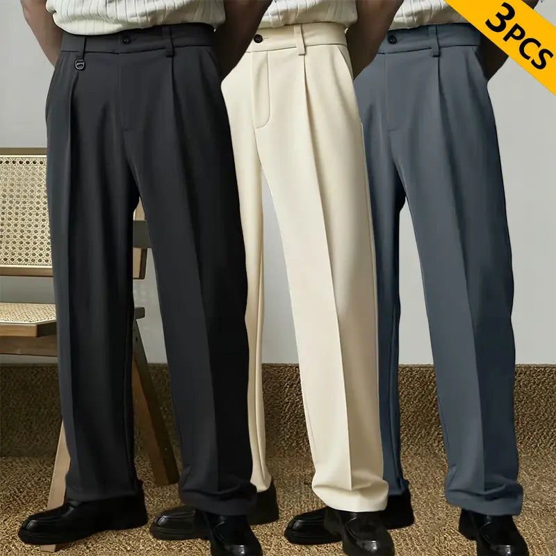 Men's 3-Pack Classic Straight-Leg Chic Pants - Polyester Solid Color with Pockets, Retro Japanese Business Casual Men's Pants for Daily Wear & Commuting, Chic Men's Pants