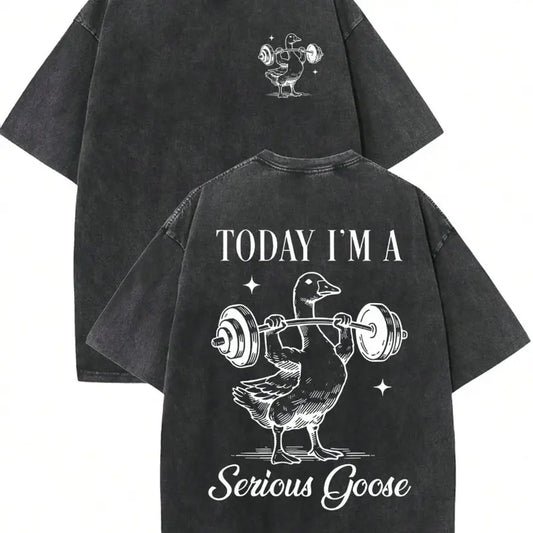 Men's Vintage Washed Black Cotton Athletic Workout Tee - Double-Sided "Today I’m A Serious Goose" Weightlifting Graphic, Breathable Oversized Funny T-Shirts Meme Streetwear Top (Pairs with Jeans)