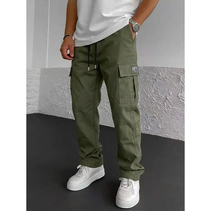 Men’s solid color tactical cargo pants — durable outdoor training pants with sport pockets; suitable for all seasons; casual streetwear pants.