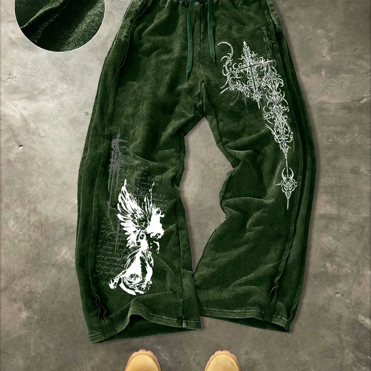Men's Washed Cotton Sweatpants with Gothic Print, Contrast Side Stitching Detail, Comfortable Casual Pants for Daily Wear & Lounging