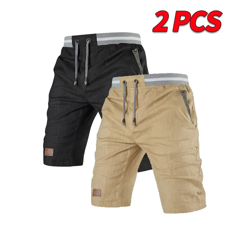 Men’s Classic Relaxed High Waist Quick-Dry Bermuda Shorts 3-Pack - Soft, Breathable, Wear-Resistant Fabric, Adjustable Elastic Waistband with Drawstring, Striped Pockets, Leather Patch, Contrast Binding, Fashion Menswear Basics for Outdoors, Commuting