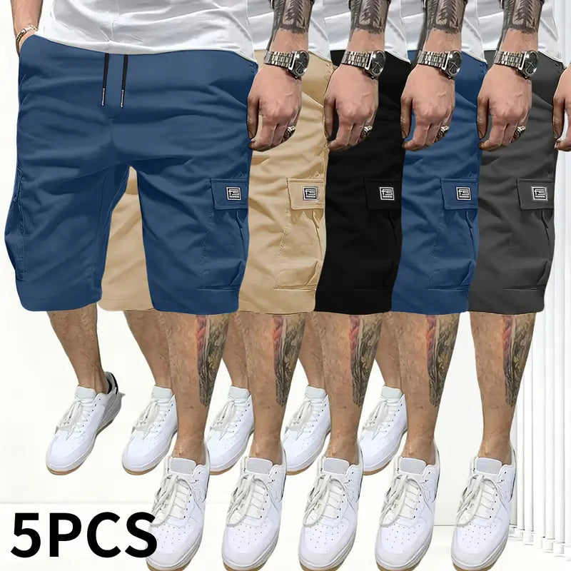 Men’s 5-Piece Extra Baggy Cargo Shorts Set - Men's Bottoms Activewear, Adjustable Drawstring Mid-Waist, Casual Chic Woven, Multi-Pocket, 4-Way Stretch, Cold Wash, Straight Cut, Summer Loose Jorts, Ideal for Camping, Father's Day Gifts, Extra Baggy Men's S
