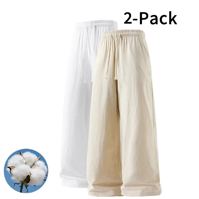 Men's 2-Pack Casual Linen-Cotton Blend Drawstring Pants, Baggy Fit, Lightweight, Anti-Wrinkle, Non-See-Through Menswear Trousers