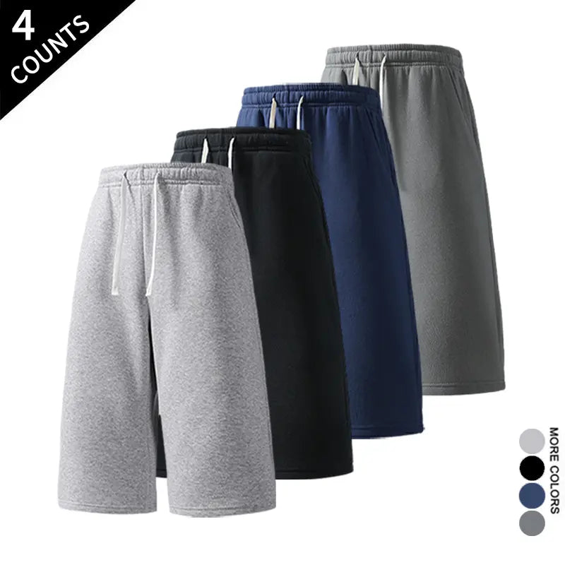 Men's 4-Pack 7-In Wide Leg Sweat Shorts - Elastic Waist, Drawstring, Deep Side Pockets, Sporty Chic Streetwear Shorts, Loose Fit Sweat Jorts, Easy Go-To for Casual Weekends, Ready for Gym, Errands, Travel (Light Gray, Black, Blush Pink, Dark Gray)