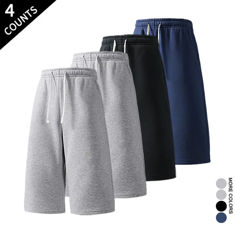 Men's 4-Pack 7-In Wide Leg Sweat Shorts - Elastic Waist, Drawstring, Deep Side Pockets, Sporty Chic Streetwear Shorts, Loose Fit Sweat Jorts, Easy Go-To for Casual Weekends, Ready for Gym, Errands, Travel (Light Gray, Black, Blush Pink, Dark Gray)