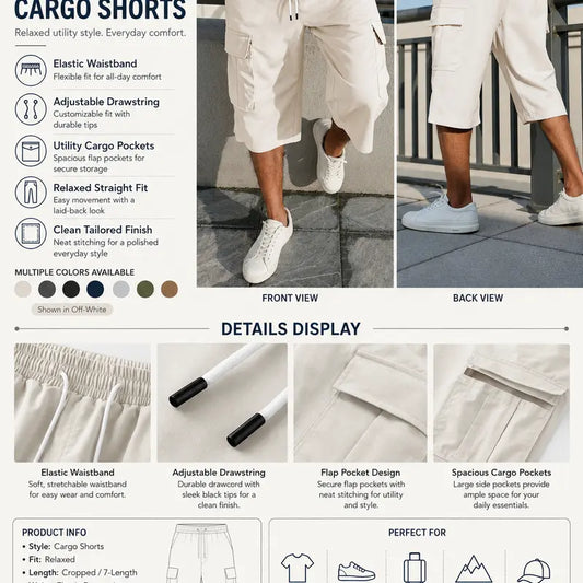 Men's H-Type Woven 3/4 Cargo Capri Shorts - Vintage Korean Retro Style, Lightweight Plain, Elastic Drawstring Waist, Multi-Compartment Pockets, Foldable for Summer Outdoor Hiking, Workwear, Party