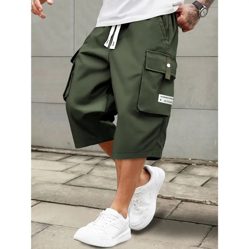 Men's Cropped Athletic Casual Cargo Shorts - Multi-Pocket Cargo Style, Elastic Waist, Adjustable Drawstring, Digital Print, Above-Knee, Cold Wash, XXS Size, Father’s Day Gift for Sports & Outdoor Activities, Athletic Casual Shorts
