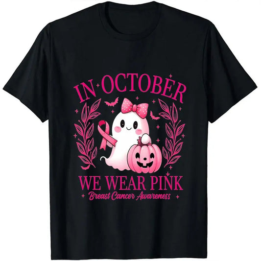 Unisex Washed Vintage Soft Comfortable Round Neck Short-Sleeve Casual T-Shirt - October We Wear Pink Ghost Boo Halloween Breast Cancer Awareness Graphic Top, Tops, Shortsleeve