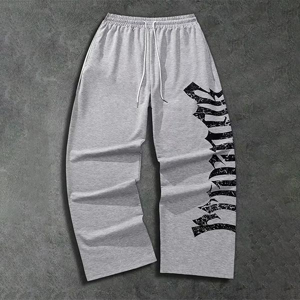 Men’s Gothic Graphic Print Wide-Leg Activewear Pants - Distressed Vintage Drawstring Athletic Fabric Sweatpants, Trendy Street-Style Sportswear Casual Long Pants