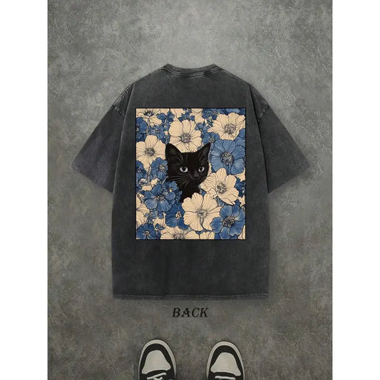 "Cat in the Flowers" Double-Sided Print T-Shirt | Retro Washed 230gsm Cotton, Men's Casual Comfortable Street Style Tee, Vintage Floral Feline Graphic Top Oversized Streetwear Menswear Soft Tshirt
