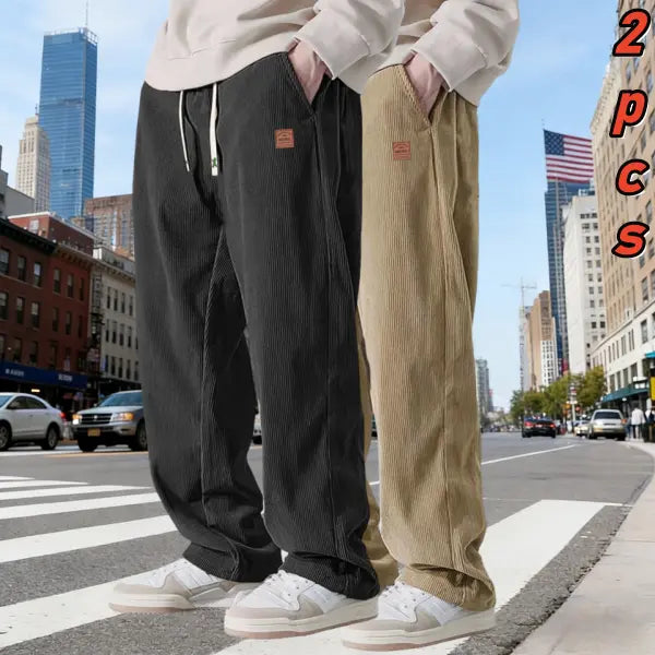 Men's 2-Pack Chic Cozy Long Cord Basics Pants - Men's Wear, Polyester Fabric, Washed Look, Loose Baggy Wide-Leg, Adjustable Drawstring, Pocketed for Autumn Winter Casual Wear