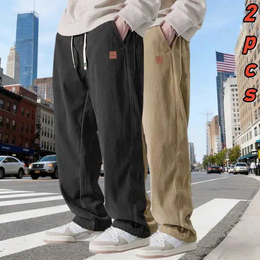 Men's 2-Pack Chic Cozy Long Cord Basics Pants - Men's Wear, Polyester Fabric, Washed Look, Loose Baggy Wide-Leg, Adjustable Drawstring, Pocketed for Autumn Winter Casual Wear